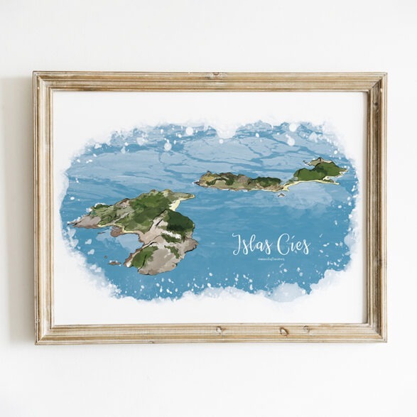 Ilustración de las Islas Cíes y la Ría de Vigo. Vista panorámica de las Islas Cíes acuarelada.