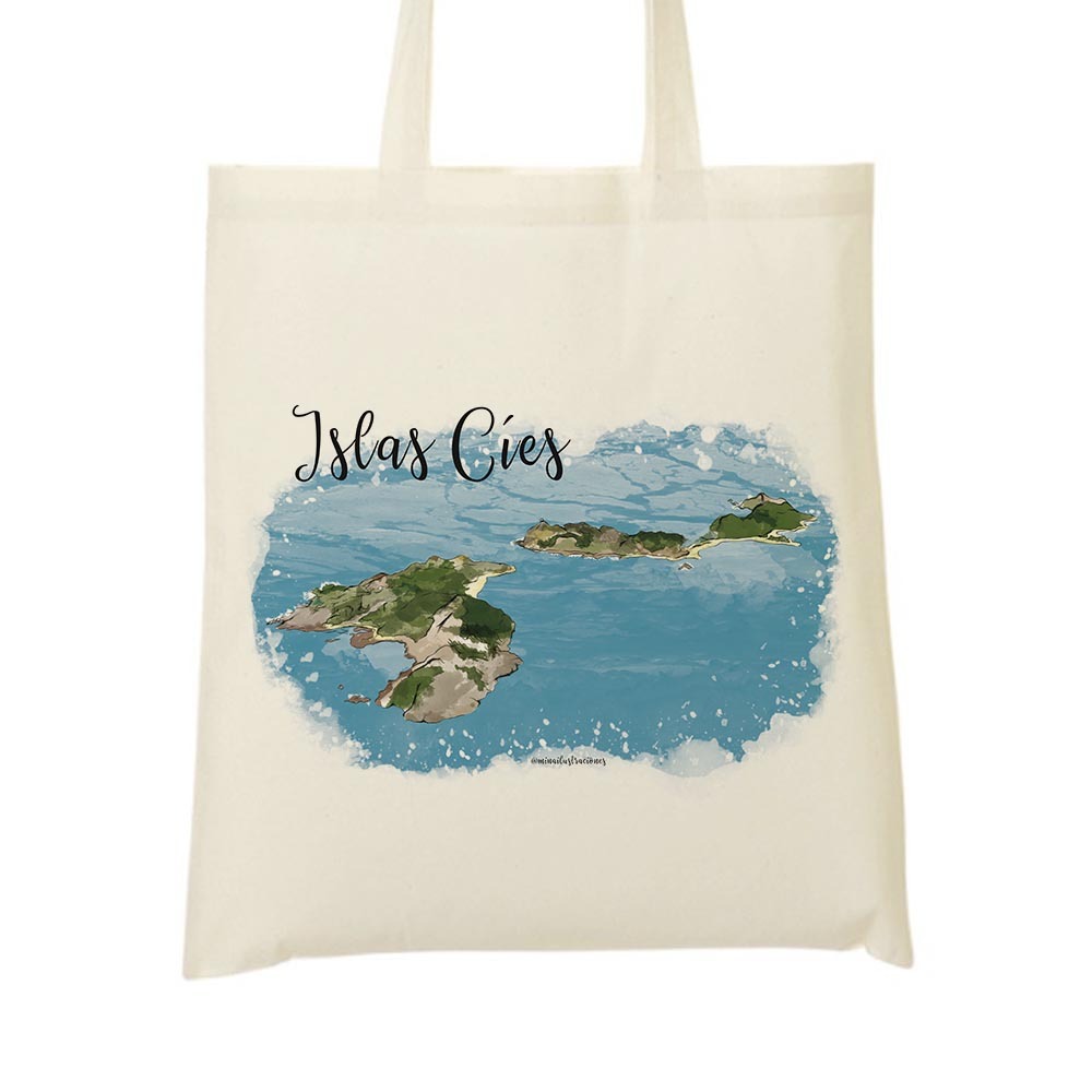 Bolsa tote bag con ilustración de las Islas Cíes. Incuye el texto de Islas Cies.