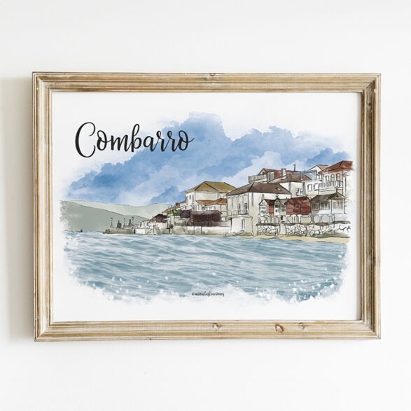 Una vibrante ilustración acuarelada de Combarro que captura los hórreos emblemáticos a orillas del mar, destacando su arquitectura tradicional gallega y el encanto rústico del pueblo.